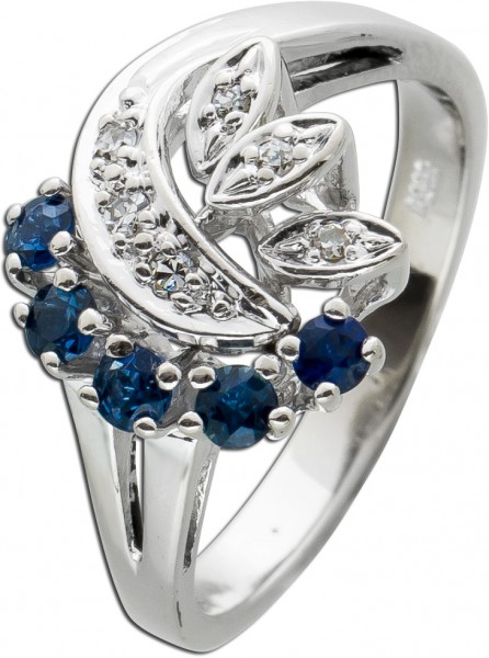 Antiker Edelstein Ring  Weissgold 585 Blaue Saphire weisse Diamanten 0,06ct W/SI Top Zustand 60er Jahre