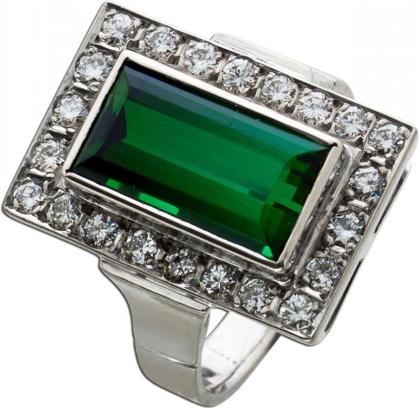 Antiker Edelstein Turmalin Ring Weissgold 750 ca 3,5-4ct Emerald Cut Turmalin Diamanten Brillanten 0,90ct IGI zertifiziert