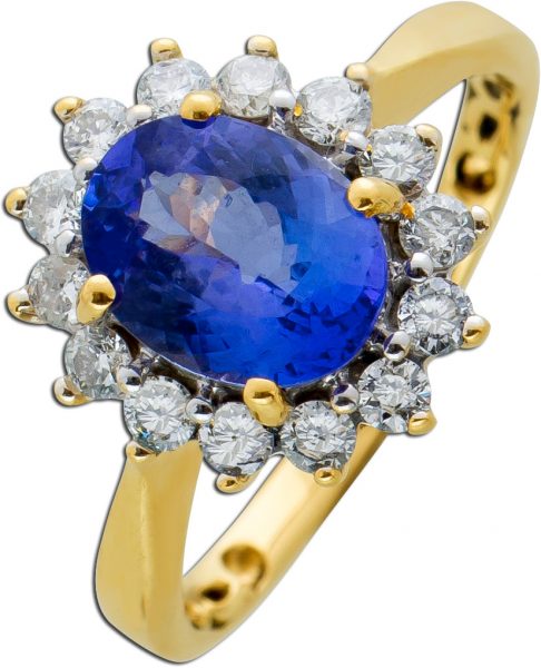 Tansanit Zoisit Ring Gelbgold 750 Lady Di Look blauer Tansanit Edelstein 1,7ct Diamanten Brillanten zus. 0,60ct TW/VVSI IGI Zertifikat