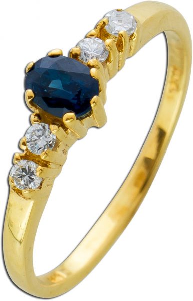 Saphir Ring Gelb Gold 333 oval facettierter blauer Edelstein weisse Diamanten zus. 0,06ct TW/SI