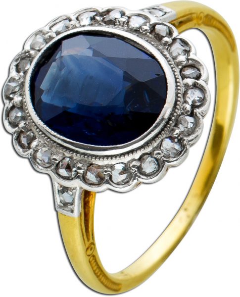 Antiker um 1900 Edelsteinrring blauen Saphir 2ct Gelb Weißgold 765 weißen Diamanten IGI Zertifikat