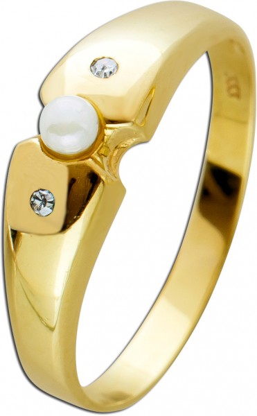 Antiker Perlring um 1970 weißer Perle Gelbgold 333 weißen Diamanten W/P 0,01CT