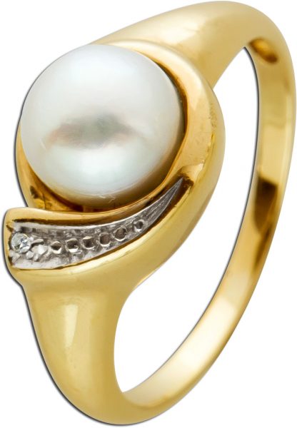 Antiker Perlenring um 1970 weißer Akoyazuchtperle Gelbgold 585 weißen Diamant