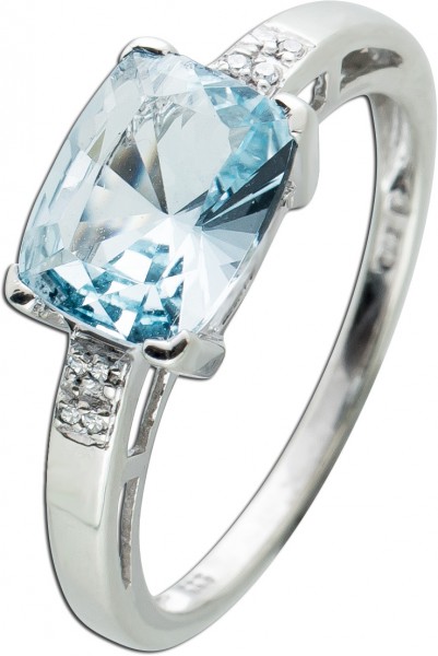 Edelsteinring Weissgold 333/- blauer rechteckiger Aquamarin seitlich gefasste Diamanten zus. 0,02ct 8/8 W/P