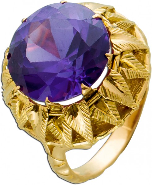 Antiker Amethyst Ring Gelbgold 750 um 1880 lila violetter Edelstein rund facettiert Top Zustand