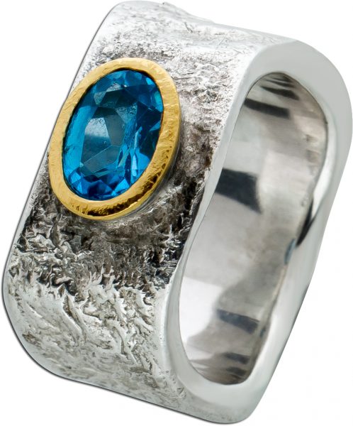 Antiker Blautopas Edelstein Ring Silber 925 Lapponia Look  Gelb Gold 750 Zargenfassung Gr. 18mm