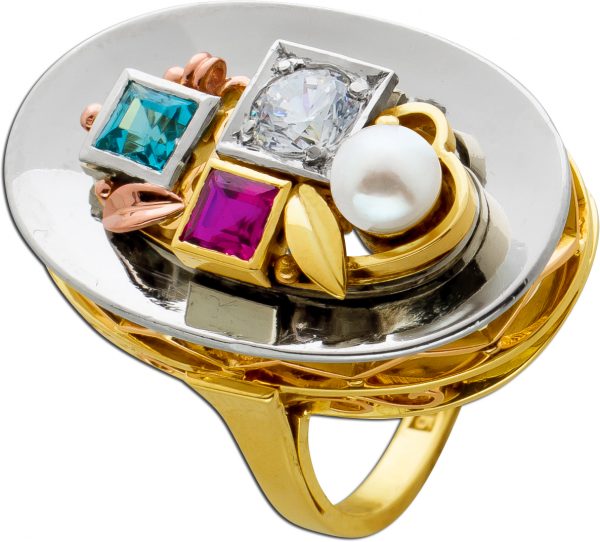 Antiker Edelstein Ring Tricolor Gelb Weiss Rosé Gold 333 Blautopas weisser Zirkonia synthetischer Rubin Akoya Perle 60-er Jahre