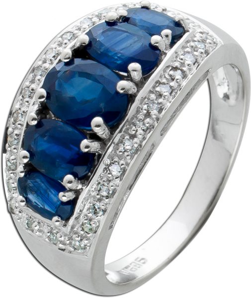 Edelstein Diamant Ring Weissgold 585 weisse Diamanten 0,15 ct W/P blaue Saphire oval facettiert IGI Zertifikat