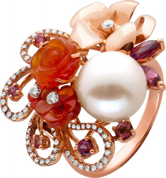 Perlen Edelstein Brillant Ring rosefarbene Akoyaperle Rosegold 750 Brillanten weiß 0,80 Carat TW/VVSI Carneol, Turmalin mit Görg Zertifikat