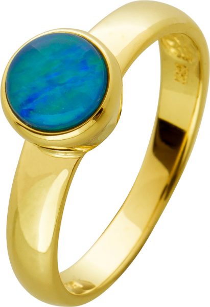 Klassischer Opal Solitär Ring blau grün türkis schimmernden Opal Gelbgold 585 Edelsteinschmuck 18mm
