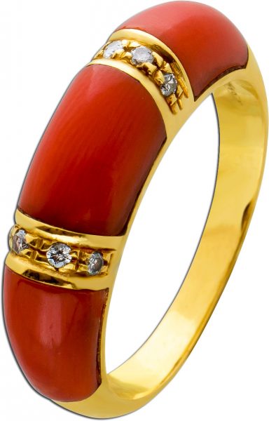 Antiker Korallen Diamant Ring 50er Jahren Koralle orange-rot Gelbgold 750 weißen Diamanten 0,04 Carat 8/8 W/P1 Edelsteinschmuck