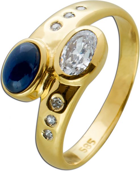 Diamant Saphirring Gelbgold 585 poliert Schlangenoptik Brillanten dunkelblauer Saphir Cabochon weißer Topas