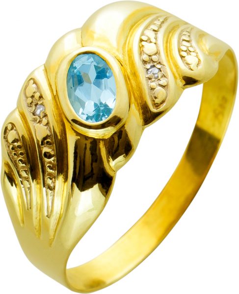 Blautopas Ring Gelbgold 585 Blautopas 2 Diamanten 8/8 W/Pzus. 0,01ct