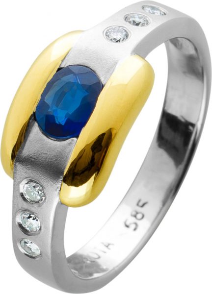 Safir Brillant Ring Gelbgold Weissgold 585 Safir Blau Brillanten Weiss 0,15ct TW/SI, Gr. 16,6mm