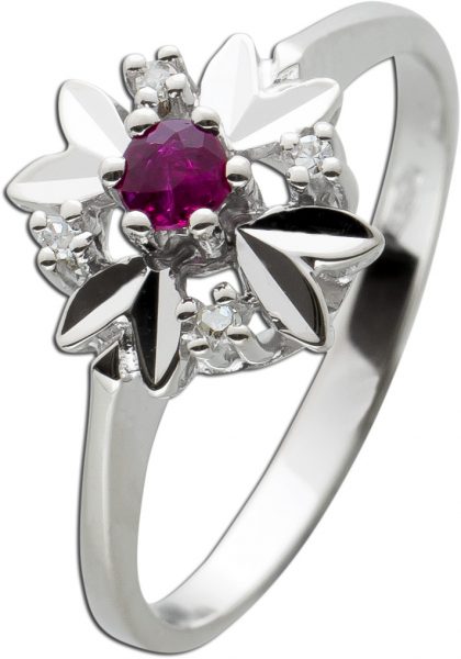 Antiker Diamant Rubin Ring Weissgold 585 Poliert Diamanten 8/8 Schliff W/SI Zus. 0,04 Carat Edelstein Um 1950 TOP Zustand