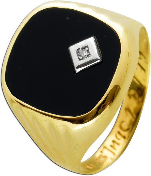 Antiker Diamant Onyx Herrenring Gelbgold 333 Poliert Diamant 8/8 Schliff W/P1 0,01 Carat Onyx Platte Schwarz Innengravur Um 1970 Sehr Guter Zustand