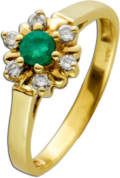 Antiker Brillant Smaragd Ring Lady Dye Stil Gelbgold 333 Poliert Brillanten W/SI Zus. 0,15 Carat Edelstein Rund Um 1970 TOP Zustand