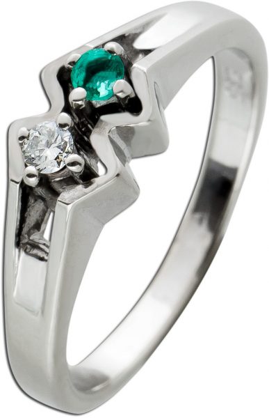 Antiker Brillant Smaragd Ring Weissgold 585 Poliert Brillant TW/VVSI 0,05 Carat Edelstein Rund Um 1950 TOP Zustand