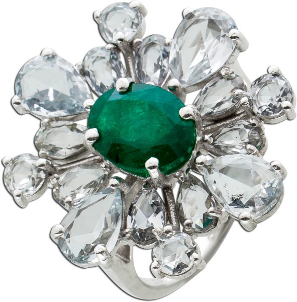 Smaragd Ring weißen Topas Edelsteinen Weissgold 750 Smaragd unbehandelt ca. 1,50 Carat mit Zertifikat