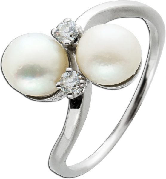 Antiker Perlen Brillant Ring, 18 Karat Weissgold, Akoyazuchtperle, 2 Brillanten zus. 0,08ct W/SI