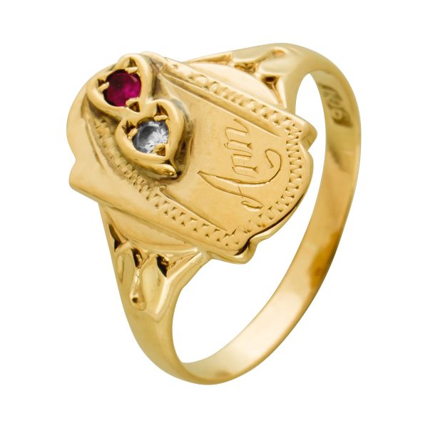 Antiker Ring Gelbgold 333,1 Rubin Herz,1 Brillant 0,02ctW/I2 Gr. 17mm