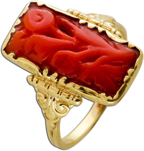 Antiker Korallen Ring Gelbgold 585 Orange Edelstein Um 1920 TOP Zustand