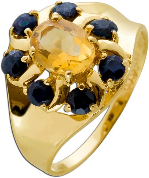 Antiker Citrin Saphir Ring Gelbgold 585 Cognacfarben Azurblau Edelsteine Um 1930 TOP Zustand