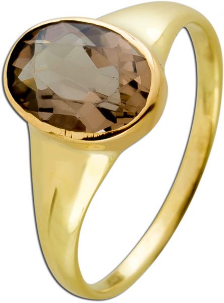 Antiker Rauchquarz Ring Gelbgold 585 Cognacfarbener Edelstein Um 1980 Sehr Guter Zustand
