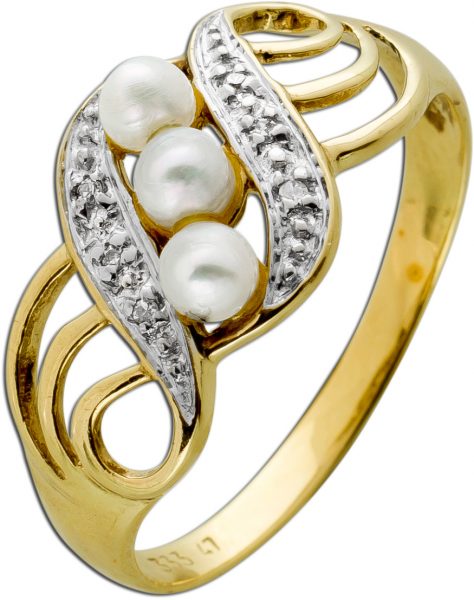 Antiker Perlen Diamant Ring Gelbgold Weissgold 333 3 Flussperlen Rose-Cremefarben W/P 0,03 Carat Um 1970 TOP Zustand