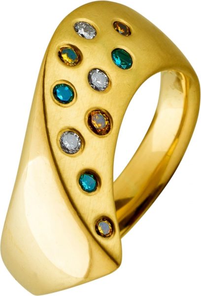 Designer Ring Gelbgold 18 Karat 3 blaue 4 braune 3 weiße Diamanten im Brillantschliff  zus. 0,28ct VVS-VS Iced Out mit Görg Zertifikat