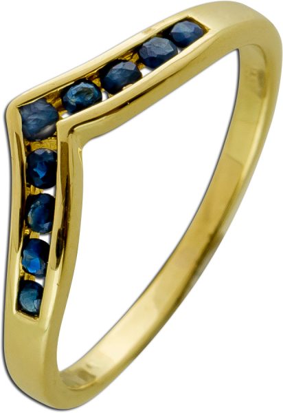 Antiker Ring 1970 Gelb Gold 8 Karat 9 echte blaue Saphir Edelsteine V Förmig