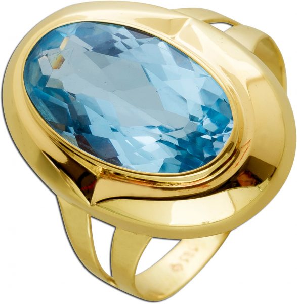 Antiker Ring 1 Blautopas Edelstein Gelbgold 585 14 Karat um 1930 Edelsteinring Goldring 17.8mm