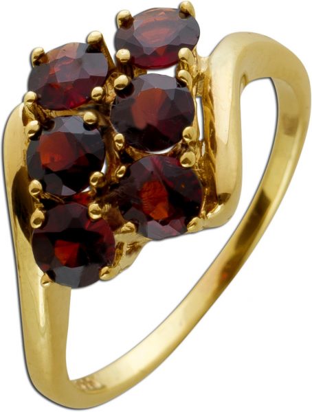 Antiker Edelstein Ring Gelbgold 333 8 Karat 6 echte böhmischen Granat Edelsteine um 1970 geschmiedet 17mm