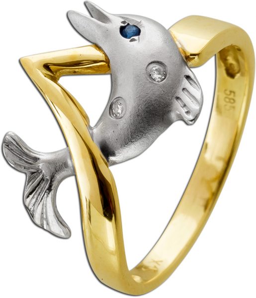 Designer Delphinring 2 Brillanten blauer Saphir Edelstein Gelbgold Weißgold 585 Goldschmiedemeisterleistung Unikat Delphin Krafttier Symbolschmuck Größe 16,3mm änderbar