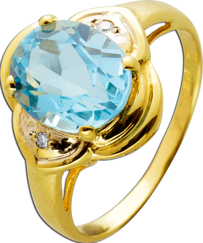 Antiker Ring Gelbgold 14 Karat 585 1 Blautopas Edelstein 2 Diamanten 8/8  W/SI 0,02ct Vintage 1960 17mm - Goldringe