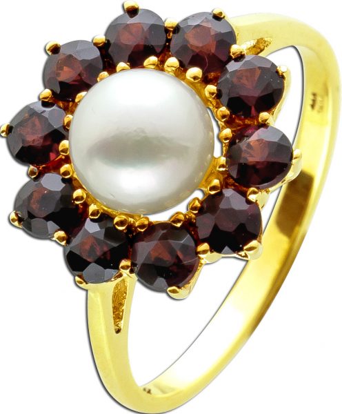 Antiker Granat Edelstein Perlen Ring Gelbgold 333 8 Karat 11 böhmische rot leuchtende Granat Edelsteine 1 japanische Akoya Perle 17mm