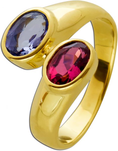 Designer Edelstein Ring Gelbgold 585 14 Karat 1 Saphir Edelstein 1 Pinker Turmalin Edelstein Ringgröße 19mm Görg Zertifikat
