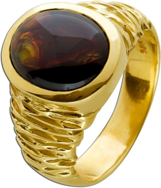 Herren Damenring Gelbgold 585 14 Karat 1 echter Opal Edelstein Ringgröße 19mm mit Görg Zertifikat