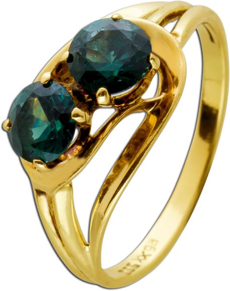 Antiker Turmalin Edelstein Ring Gelbgold 333 8 Karat 2 echte grüne Turmalin Edelsteine cirka 1,5ct Ringgröße 18mm