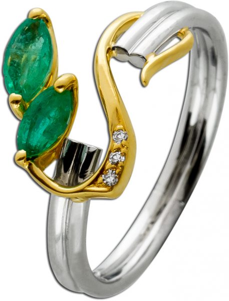 Antiker Ring Gelb Weißgold 750 18 Karat 3 Diamanten 8/8 W/SI Total 0,03ct 2 echte grün leuchtende Smaragd Edelsteine um 1970 Ringgröße 16mm