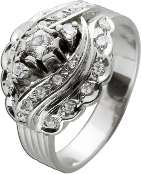 Antiker Diamant Ring um 1960 Weißgold 585 14 Karat 25 Diamanten und Brillanten Total 0,58ct TW/SI Ringgröße 19mm