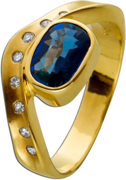 Ring Gelbgold 750 18 Karat 1 blau violett leuchtender Tansanit Edelstein 11 Diamanten Brillantschliff TW/VVSI 0,35ct Gr. 18mm Görg Zertifikat
