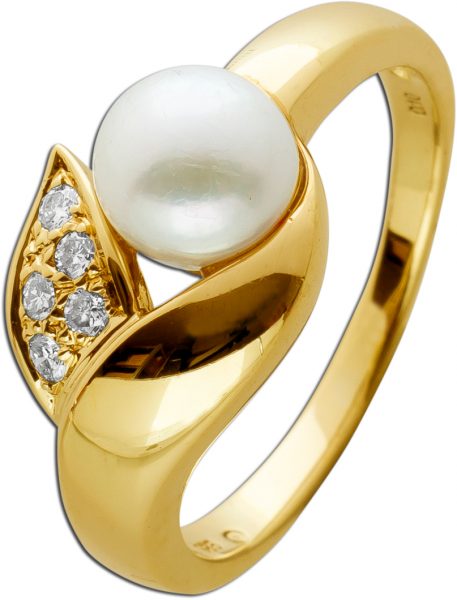 Antiker Ring Gelbgold 14 Karat 1 japanische Akoyaperle 7,2mm 5 Diamanten im Brillantschliff 0,10ct TW/VSI Ringgröße 18mm