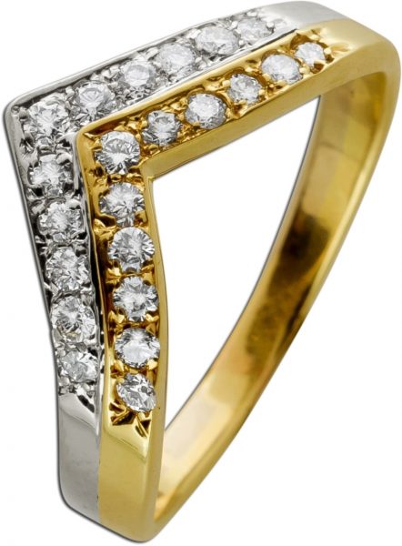 Brillant Ring Gelbgold Weissgold 585 mit 24 Diamanten Brillant Schliff 0,40ct TW/VSI massiv V-förmig Ringgröße 20mm