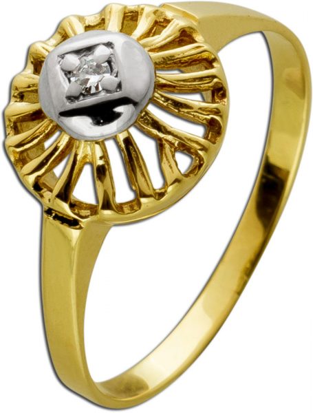 Antiker Diamant Gelbgold Weissgold 585 14 Karat geometrisches Design 1 Diamant 0,01ct W/SI 8/8 Vintage um 1960 Ringgröße 16,5mm