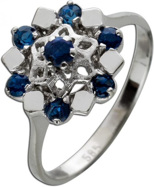 Antiker Saphir Edelsteine Ring Weissgold 585 14 Karat 7 echte blau leuchtende Saphir Edelsteine Vintage um 1950 Ringgröße 16mm