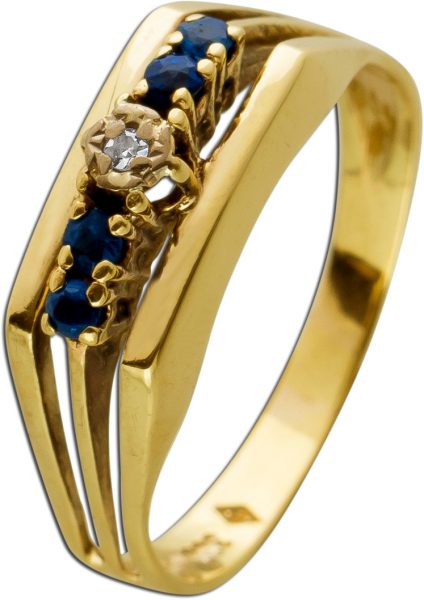 Antiker Saphirring Diamantring 1950 Gelbgold 8 Karat 4 blaue Saphire 1 Diamant Weissgold Fassungen 333 Top