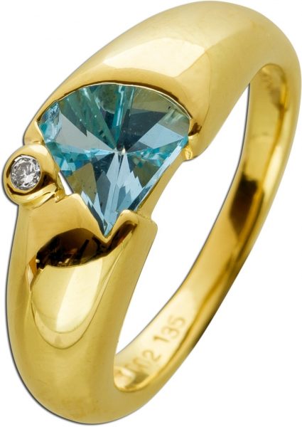 Edelstein Brillant Ring Gelbgold 585 14 Karat 1 Diamant Brillantschliff 0,02ct TW/SI 1 echter Blautopas Edelstein Ringgr.18mm