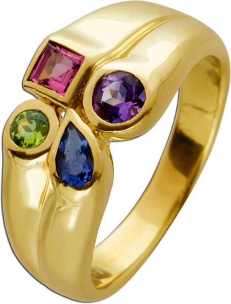 Antiker Edelstein Ring Gelbgold 14 Karat 585 echte Amethyst Peridot Turmalin Tansanit Edelsteine Ringgröße 19mm