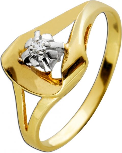 Antiker Diamantring Solitär Ring 1950 Top Zustand Gelbgold und Weißgold 14Karat 1 Diamant 0,02ct. W/SI Top Zustand Ringgröße 18mm
